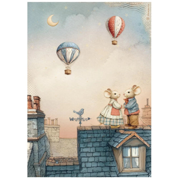 Illustration of two mice on a rooftop with hot air balloons in the sky.
