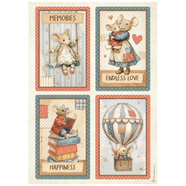 Four illustrated cards featuring mice in various poses with text and decorative elements.
