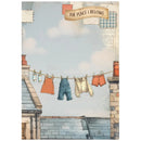 Illustration of clothes hanging on a line with text 'The Place I Belong' against a sky background.
