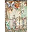 Vintage-style illustration with flowers, butterflies, and a door on a textured background