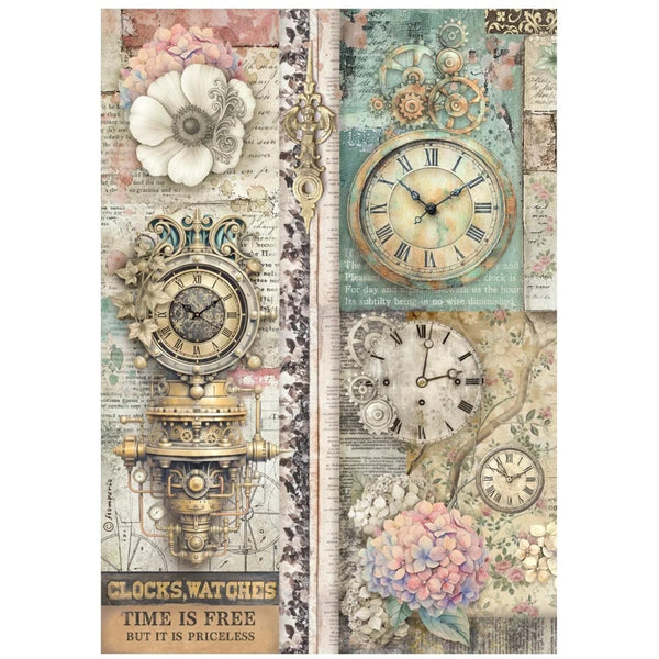 Decorative paper with vintage clock designs and floral elements on a white background.