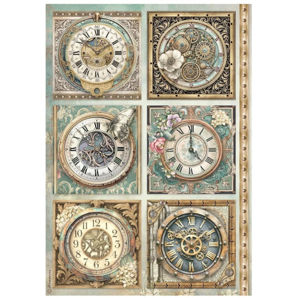 Decorative paper with vintage clock designs on a white background