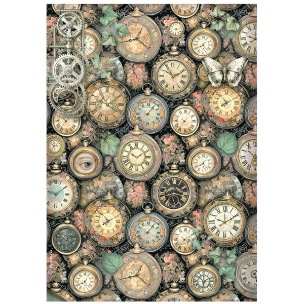 Pattern of vintage clocks and gears with flowers on a white background
