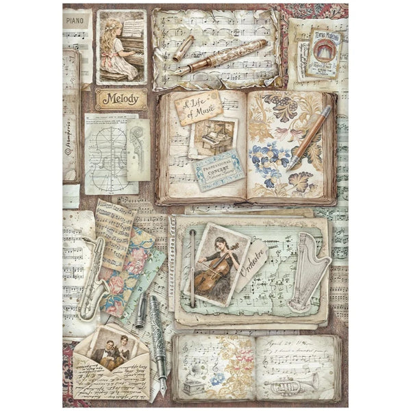 Decorative paper with vintage music-themed elements on a white background