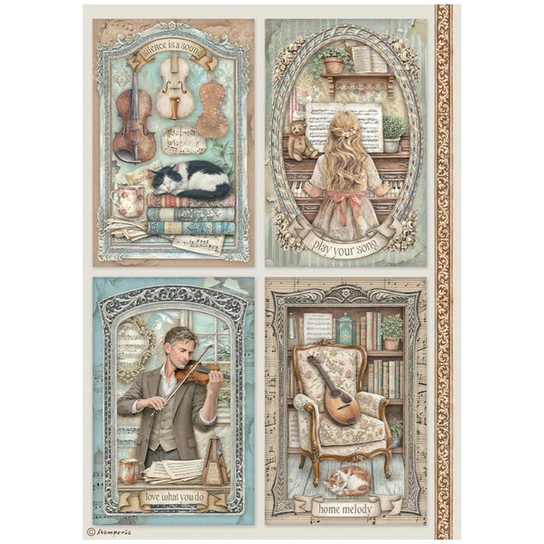 Set of four decorative cards with vintage-style illustrations featuring a violinist, a cat, a woman, and an armchair.