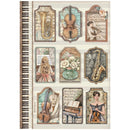 Decorative notebook with musical instrument and classical art illustrations on a beige background.