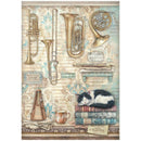 Decorative paper with musical instruments and a cat on books