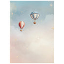 Two hot air balloons floating in a sky with stars and clouds