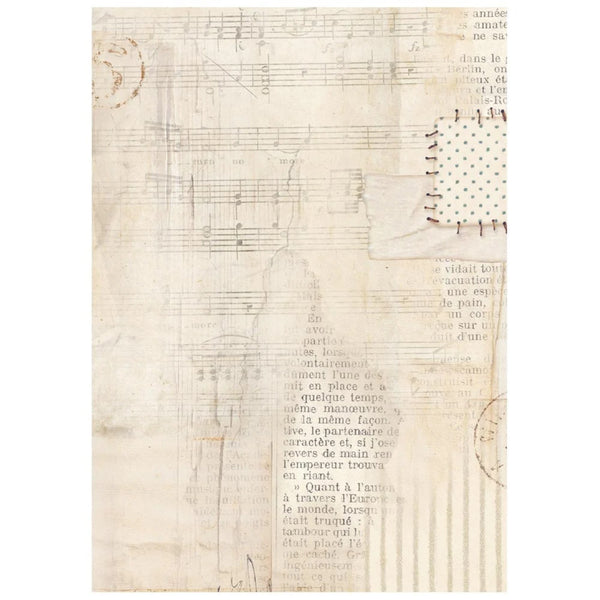 Textured paper with music sheet and text overlay on a white background