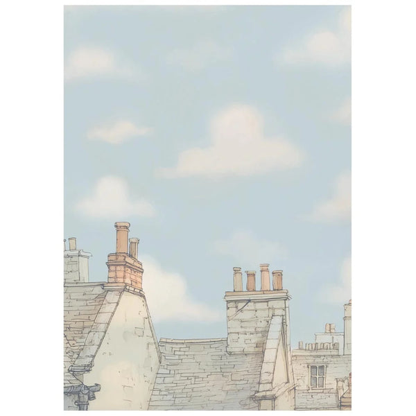 Illustration of rooftops with chimneys against a light blue sky