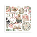 Vintage-style illustration with a girl, cat, books, flowers, and clock on a white background.