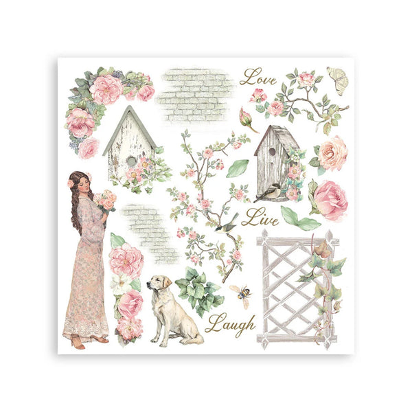 Decorative paper set with flowers, birdhouses, and a woman with a dog on a white background.