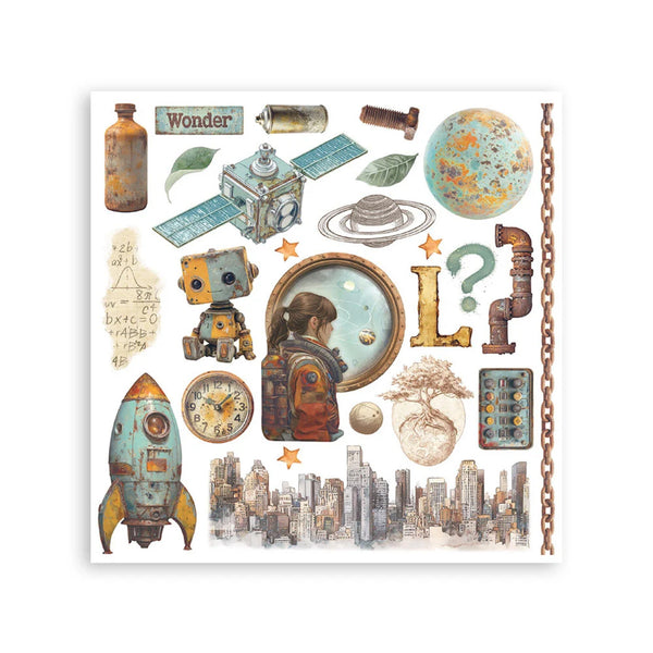 Illustrated collage with vintage-style objects including a robot, rocket ship, and cityscape on a white background.