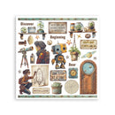 Decorative paper with vintage-style illustrations, text, and objects on a white background.