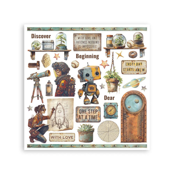 Decorative paper with vintage-style illustrations, text, and objects on a white background.