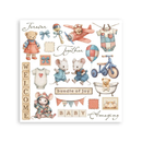 Collection of baby-themed illustrations including teddy bears, mice, and baby items on a white background.