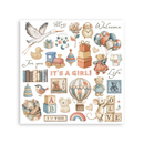 Baby-themed collage with illustrations of toys, animals, and text on a white background