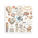 Collection of baby-themed illustrations including a hot air balloon, teddy bear, and baby items on a white background.
