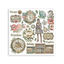 Decorative paper sheet with vintage-style elements, including clocks, flowers, and text on a white background.