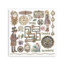 Decorative sheet with vintage-style clocks, gears, and phrases on a white background