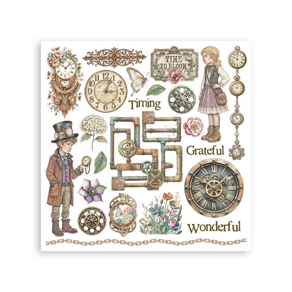 Decorative sheet with vintage-style clocks, gears, and phrases on a white background