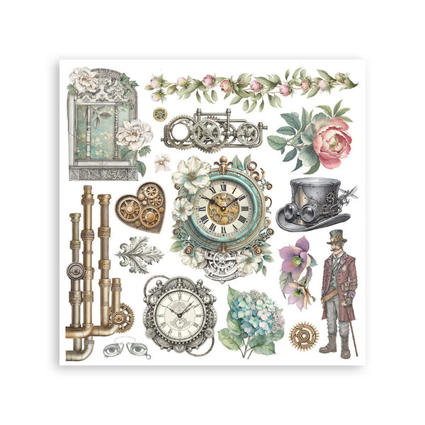 Collection of vintage-style decorative elements including clocks, flowers, and mechanical components on a white background.