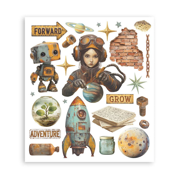 Collection of vintage-style illustrations including a robot, girl, rocket, and various objects on a white background.
