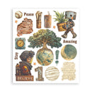 Collection of illustrated objects including a robot, tree, astronaut, and planets on a white background.