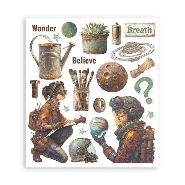 Illustration of a woman and a robot with space-themed objects and text on a white background