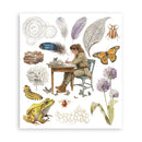 Illustration of a person sitting at a desk surrounded by nature elements like a frog, flowers, and insects.