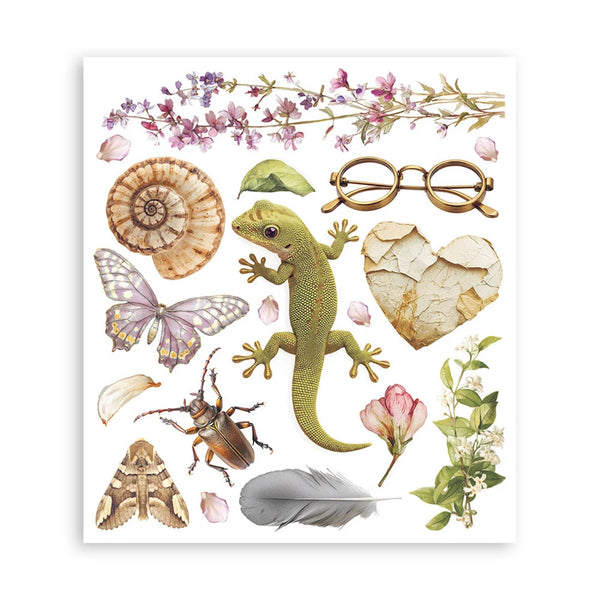 Illustration of a green lizard surrounded by various nature-themed items on a white background