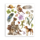 Illustration of a person sitting with a dog, surrounded by nature elements like birds, flowers, and animals.