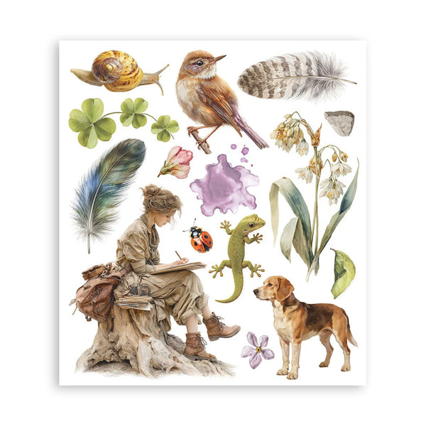 Illustration of a person sitting with a dog, surrounded by nature elements like birds, flowers, and animals.