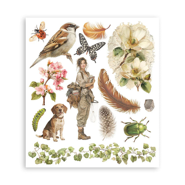 Illustrated sheet with a woman, dog, birds, flowers, and nature elements on a white background