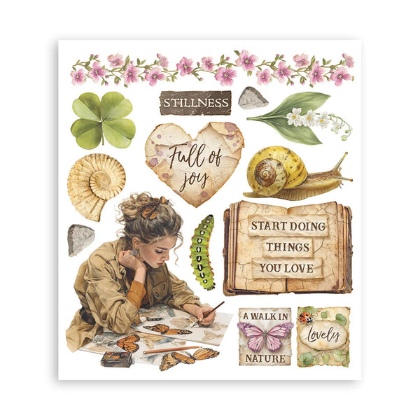 Decorative print with illustrations of a girl, nature elements, and motivational phrases on a white background.