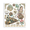 Decorative print with steam locomotive, woman with clock, flowers, and decorative elements on a white background.