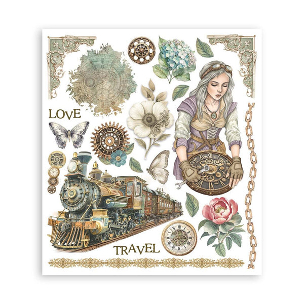 Decorative print with steam locomotive, woman with clock, flowers, and decorative elements on a white background.
