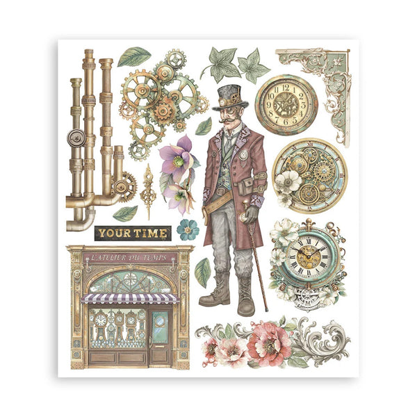Vintage-themed collage with a man in a top hat, clocks, flowers, and decorative elements on a white background.