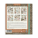 Back cover of a stamp album with decorative elements and branding on a white background