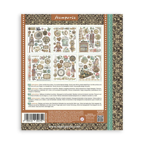 Back cover of a stamp album with decorative elements and branding on a white background