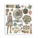 Steampunk-themed decorative paper with clock designs, flowers, and text on a white background.