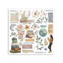 Collage of travel-themed stickers with flowers, maps, and people on a white background