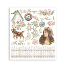 Decorative print with nature-themed elements including a birdhouse, flowers, a dog, and a woman's portrait on a white background.