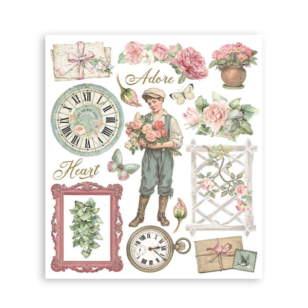 Vintage-style decorative elements including a clock, flowers, and a boy holding flowers on a white background.
