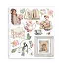 Vintage-style illustrations including a woman with flowers, an open book, teapot, and other decorative elements on a white background.
