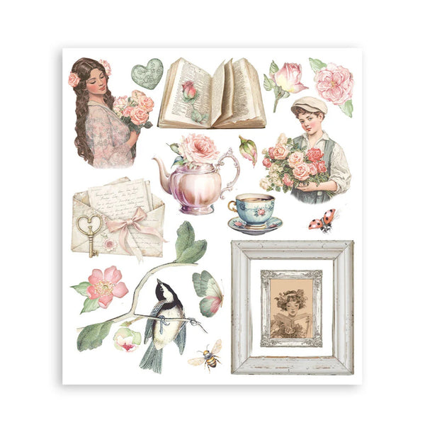 Vintage-style illustrations including a woman with flowers, an open book, teapot, and other decorative elements on a white background.