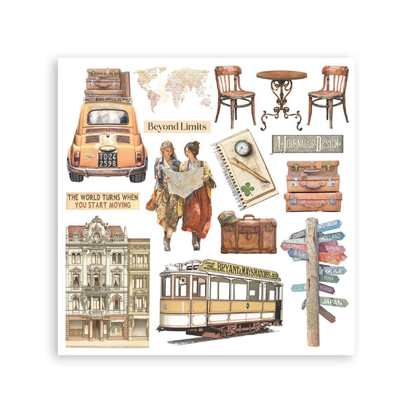 Collection of travel-themed illustrations including a van, people, buildings, and transportation icons on a white background.