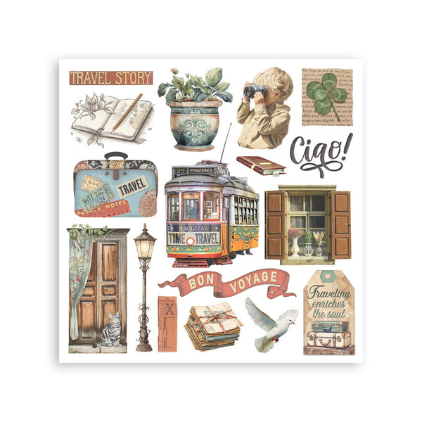 Collection of travel-themed illustrations on a white background