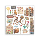 Collection of vintage-themed illustrations including a bicycle, suitcases, and scenic views on a white background.