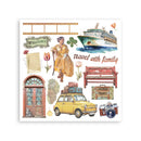 Collection of travel-themed illustrations including a cruise ship, vintage car, and camera on a white background.